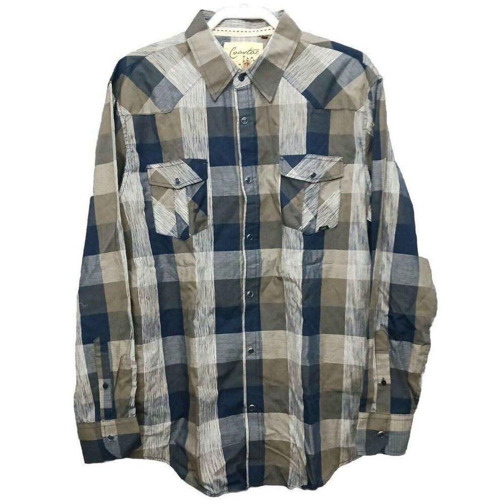 Pearl Snap Shirt Mens XL Blue Gray Plaid Chest Pockets Western 100% Cotton New